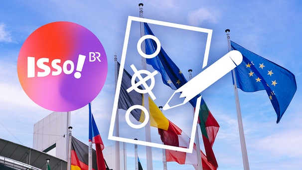 Europafahnen, Wahlzettel, Logo des TikTok-Kanals "Isso!" | Bild: Montage BR; Flaggen vor dem Europaparlament in Straßburg: BR/Julia Müller